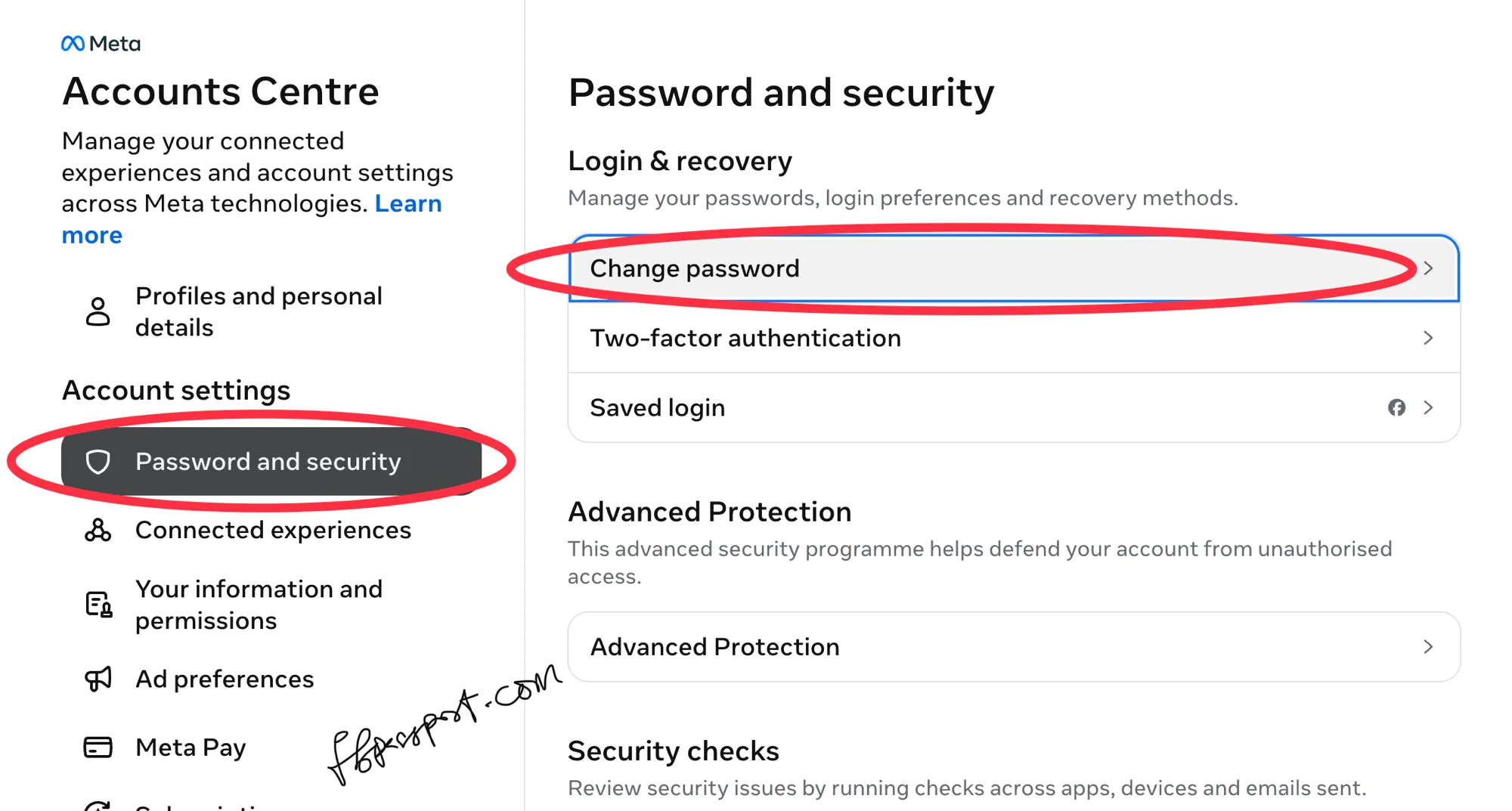 Facebook Accounts Center Password and security page with Change password highlighted under Login and recovery