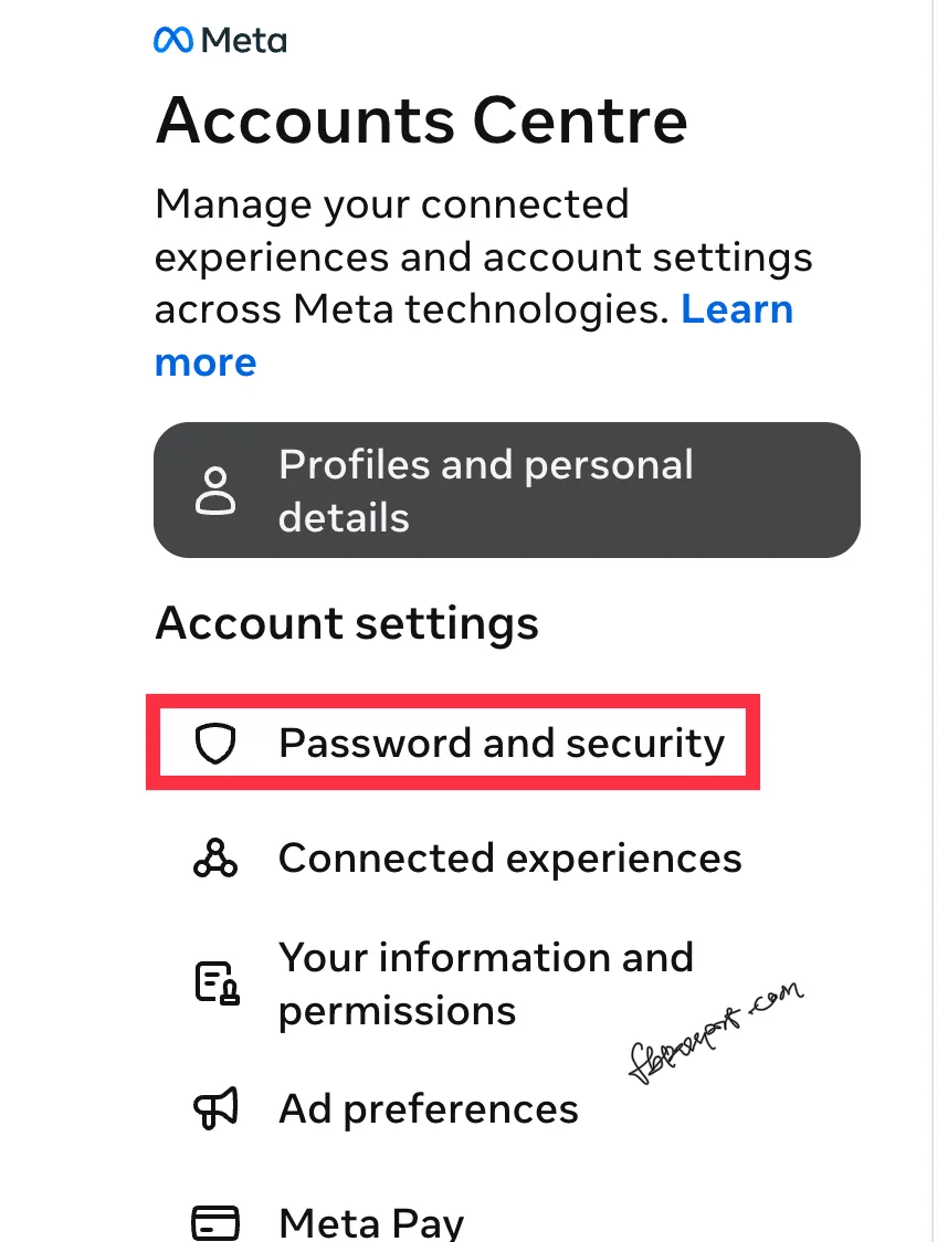 Facebook Accounts Center screen with Password and security highlighted, the next step to change your password