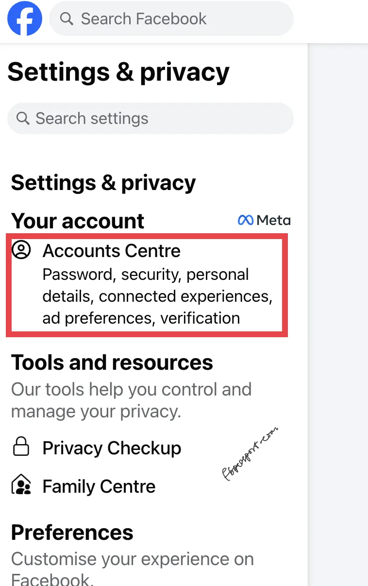 Facebook Settings and privacy menu with Accounts Center highlighted, where Password and security lives
